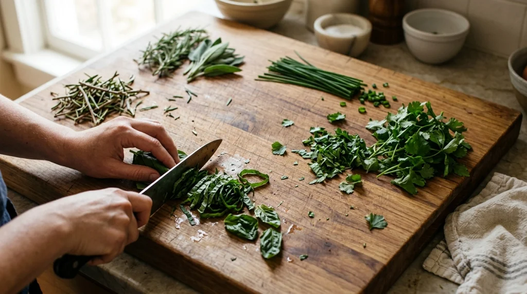 Chef knife cutting herbs using chiffonade, chopping, stripping, and forward-slicing techniques.