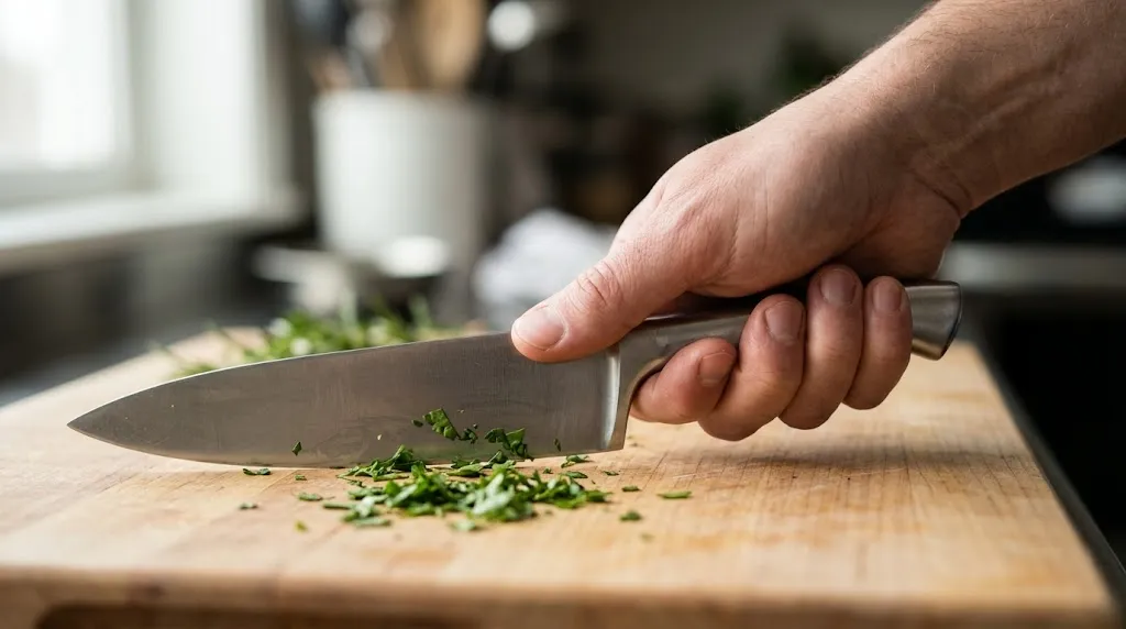 Close-up of hand executing the professional pinch grip on a chef knife.