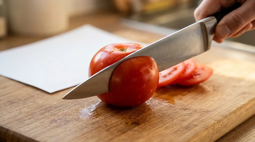 Close-up of a fingertip safely brushing across a chef knife edge from spine to apex to check for a burr