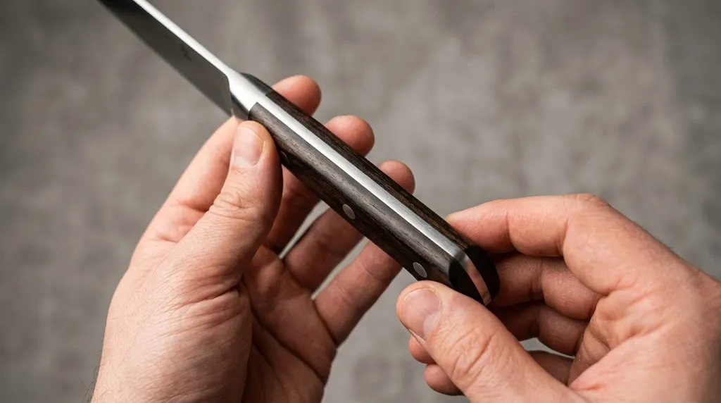 Close inspection of a knife spine and handle to identify a full tang design.