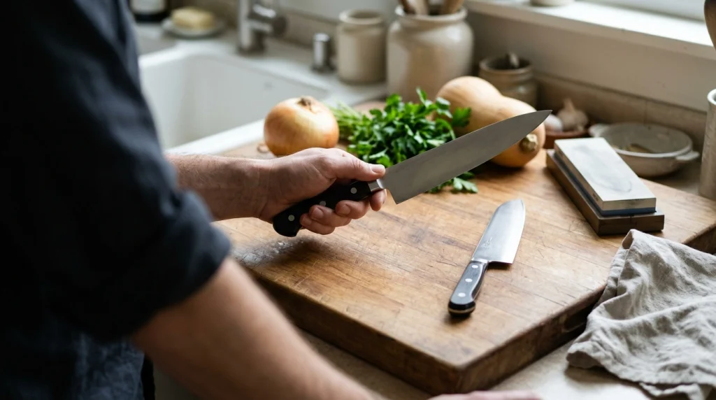 Home cook testing chef knife fit, handle comfort, board space, and balance