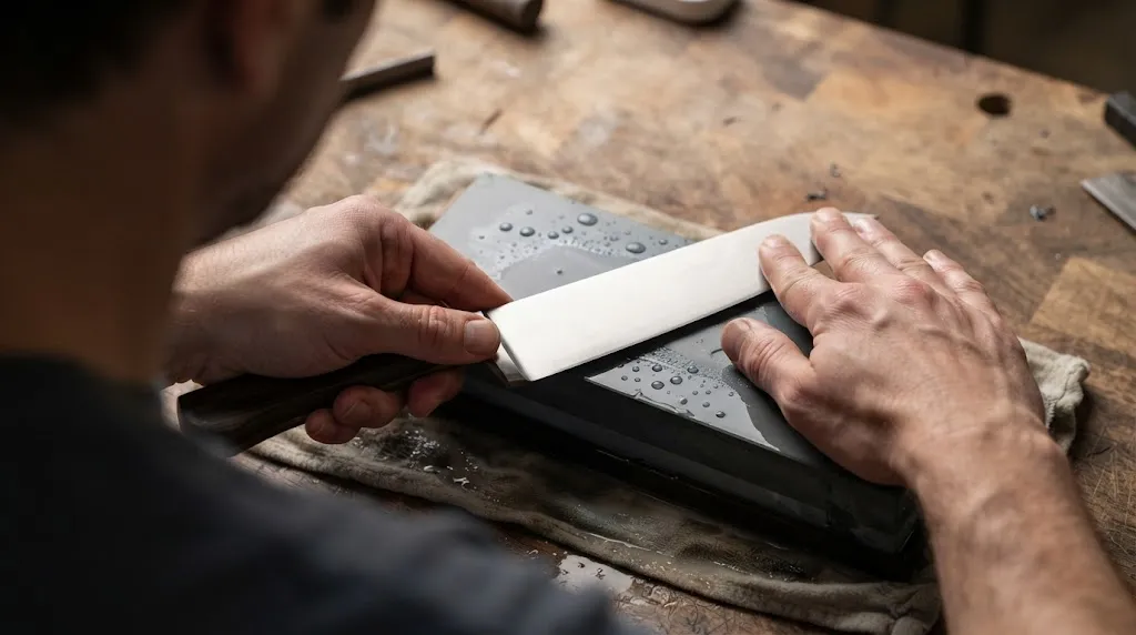 Hands sharpening a flat grind chef knife on a wet whetstone.