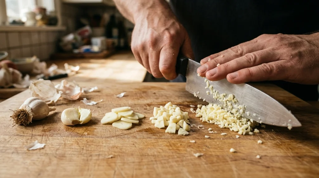 Four stages of mincing garlic with a chef knife from crushed clove to fine mince