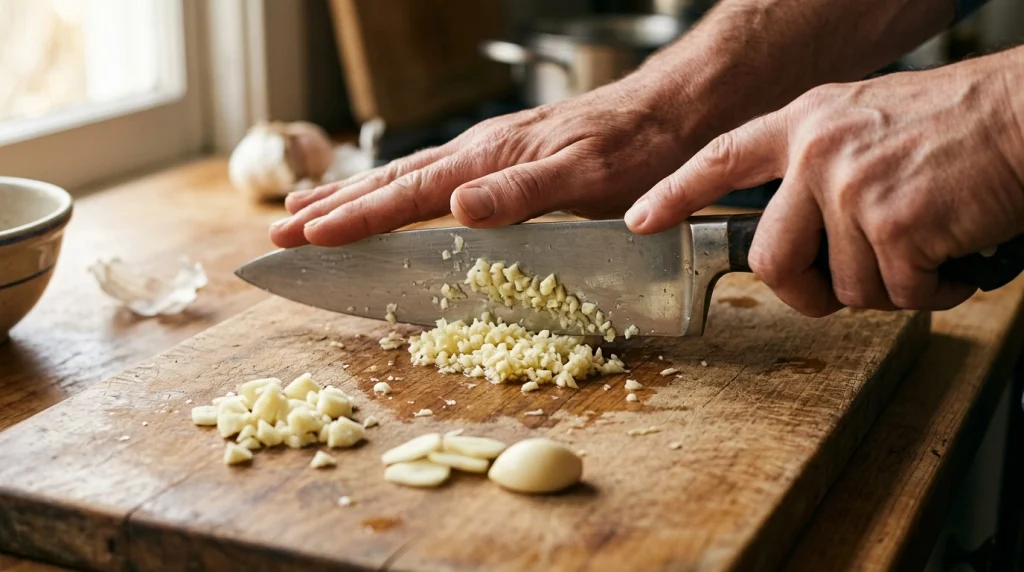 Cook using a rocking chef knife motion to mince garlic finely on a wooden board