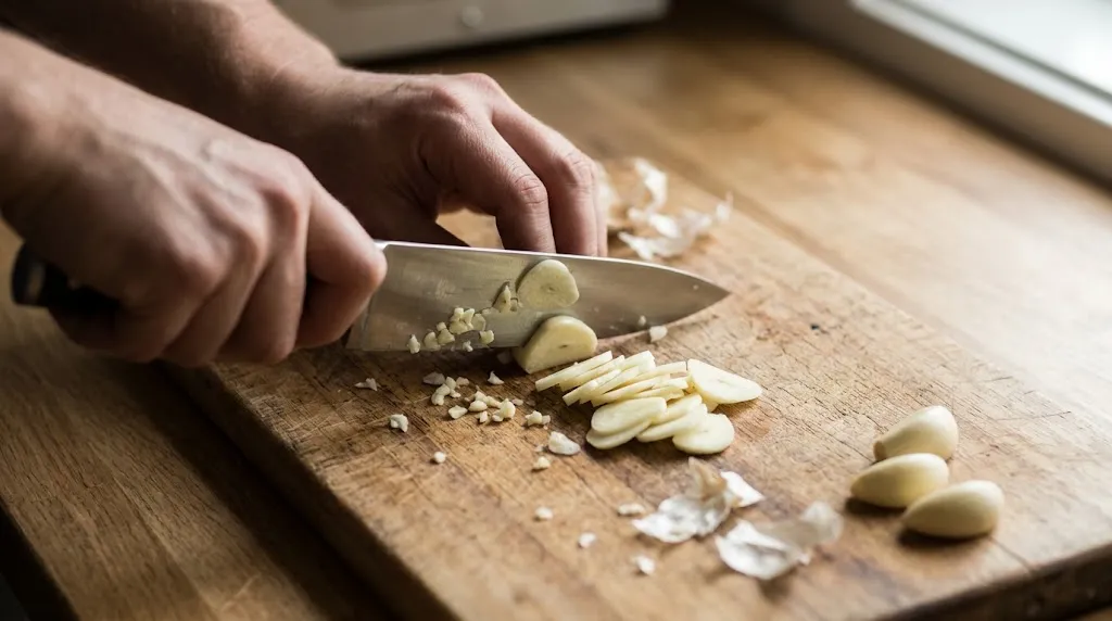 Close-up of a chef knife mincing fresh garlic cloves on a cutting board.