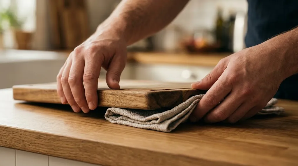 Hands placing a damp kitchen towel under a cutting board for stability.