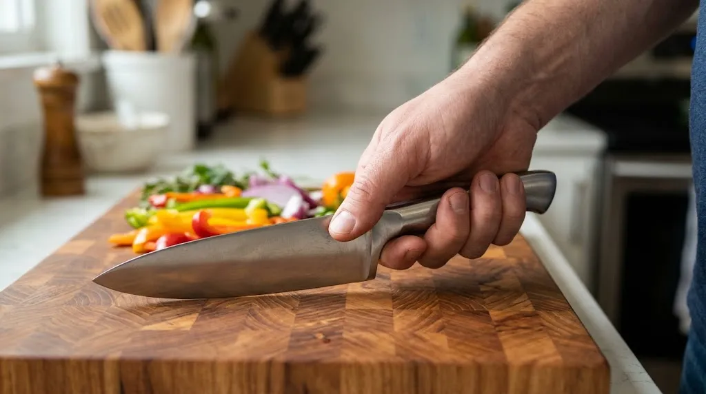 Cook demonstrating proper pinch grip technique on a wooden cutting board.