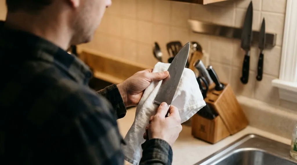 Person towel drying a kitchen chef knife in a bright kitchen.