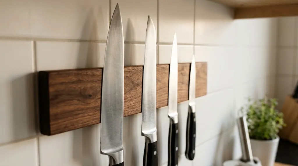 Chef knives stored safely on a wooden magnetic wall strip.
