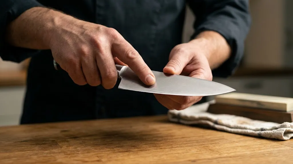 Close-up of a fingertip safely brushing from spine to edge on a chef knife to detect a wire burr.