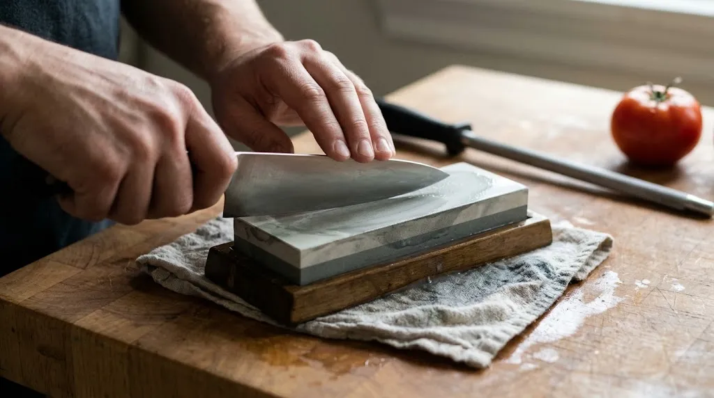 Hands slicing cleanly through a sheet of white paper with a sharp chef knife above a wooden board with a tomato