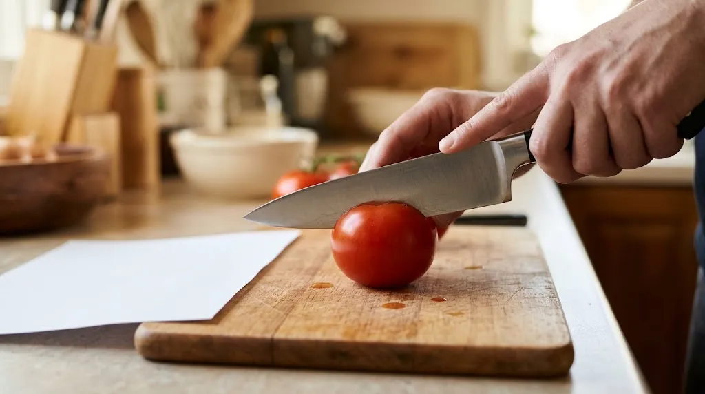 Freshly deburred chef knife effortlessly slicing into a ripe tomato skin on a wooden cutting board.