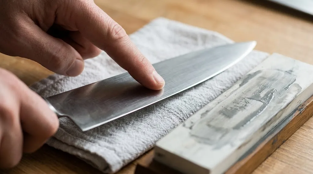 Freshly sharpened chef knife slicing cleanly into a ripe tomato on a wooden board with sliced paper in background