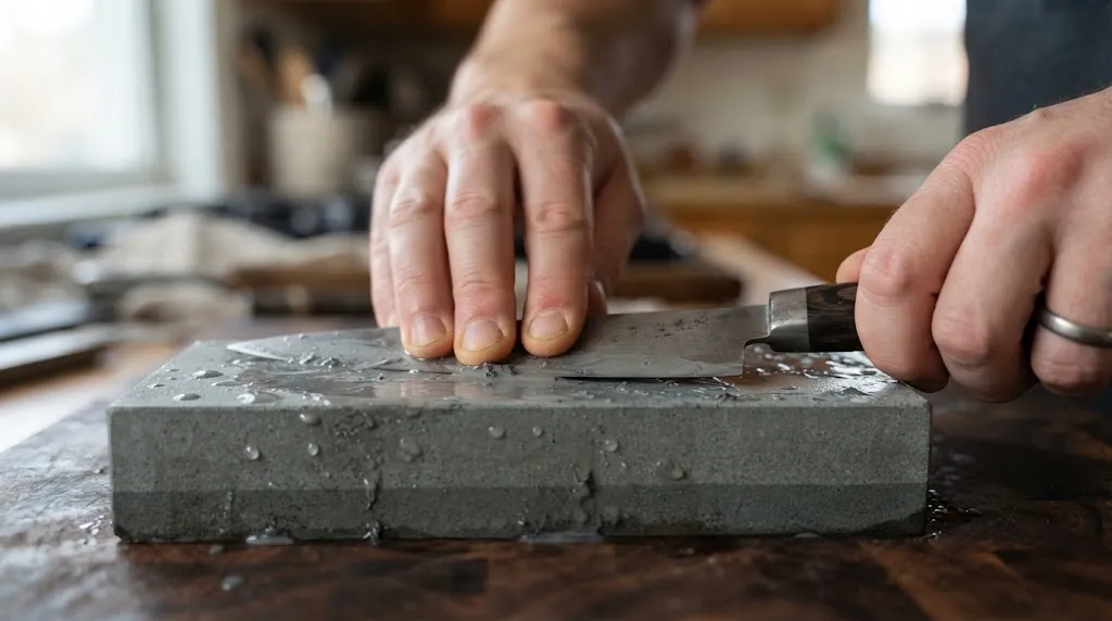 Hands thinning the primary bevel of a chef knife on a coarse sharpening stone.