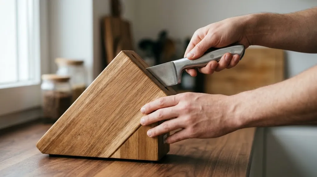Hands placing a chef knife safely into a wooden knife block slot.