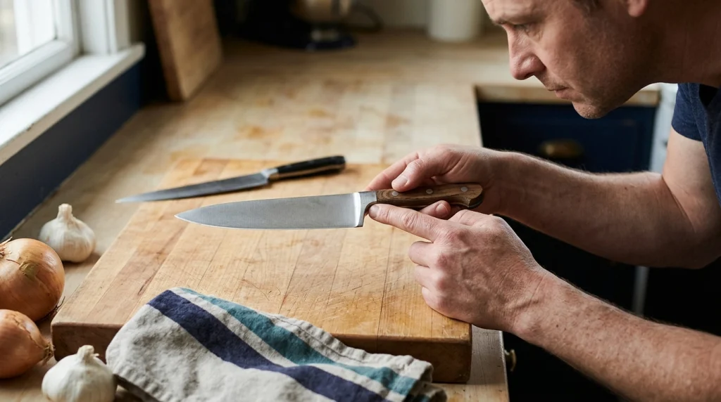 Cook inspecting an uncomfortable chef knife handle to check finger spacing and grip fit.