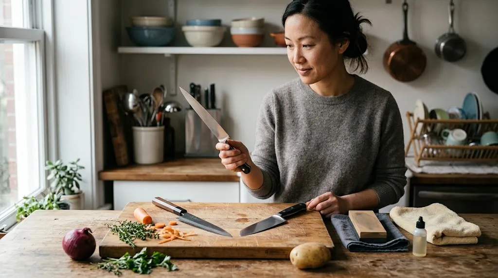 Home cook comparing chef knife length, profile, taper, handle, balance, weight, and maintenance needs