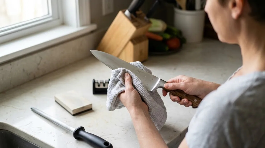 Cook drying a chef knife beside a honing rod, sharpener, and protected storage block