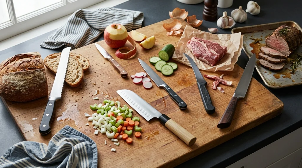 Paring, bread, utility, boning, carving and santoku knives arranged by task