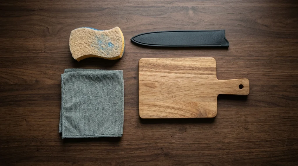 Flat lay of knife care tools including sponge, cloth, cutting board, and blade guard.