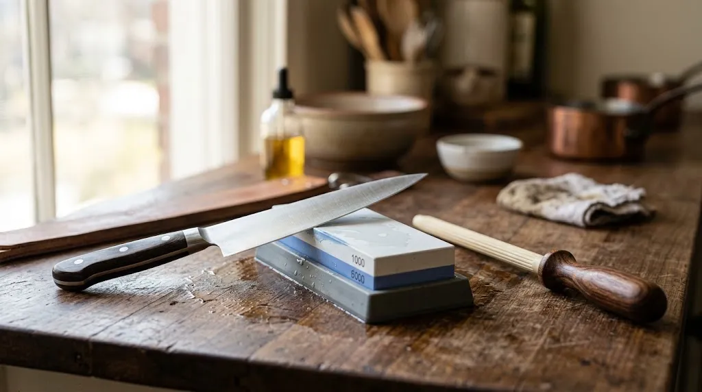 Chef knife sharpening stone and honing rod on a wooden surface