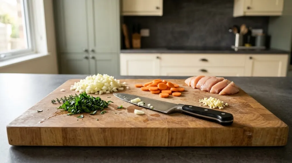 Chef’s knife with diced onion, chopped herbs, sliced carrot, minced garlic, and boneless chicken