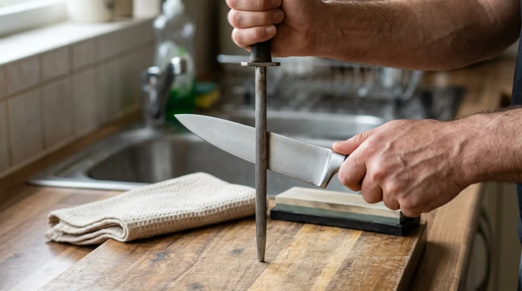  Chef knife held at a 15-to-20-degree angle against a vertical honing steel
