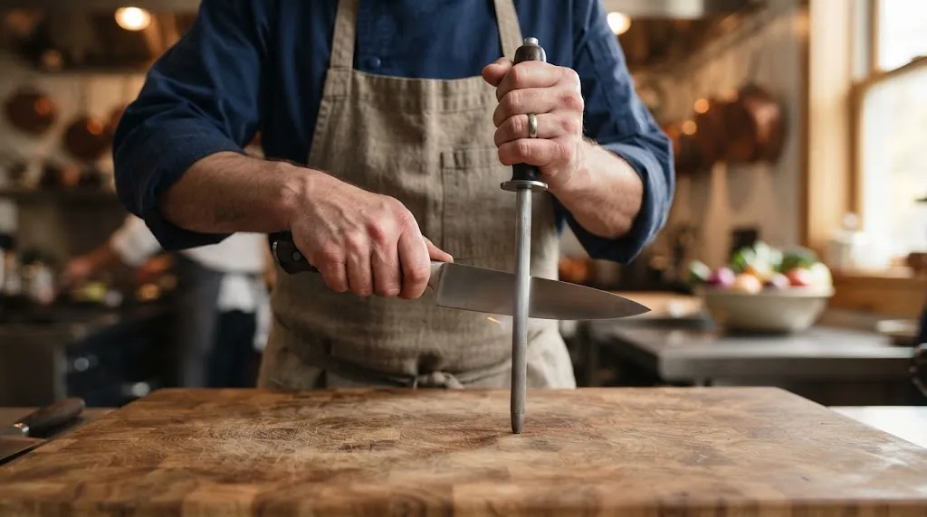 Chef honing a chef knife blade using a steel rod on a cutting board.