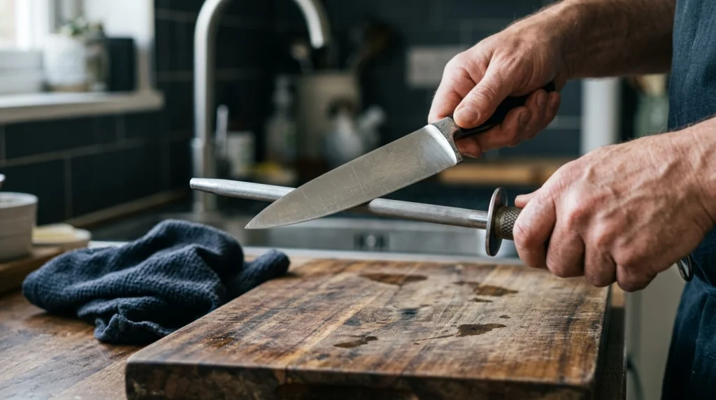 Cook honing chef knife at a 15 to 20 degree angle after meat preparation