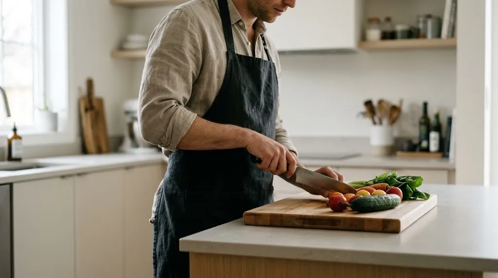 Home cook demonstrating proper physical posture and knife grip in the kitchen.