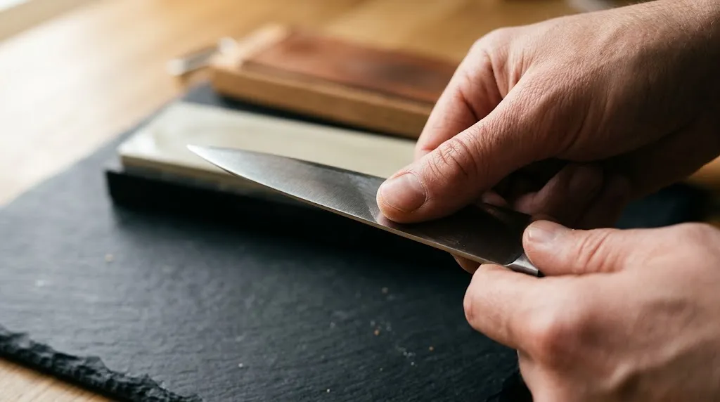 Close-up of a thumb swiping perpendicular to a chef knife edge to feel for a metal burr.