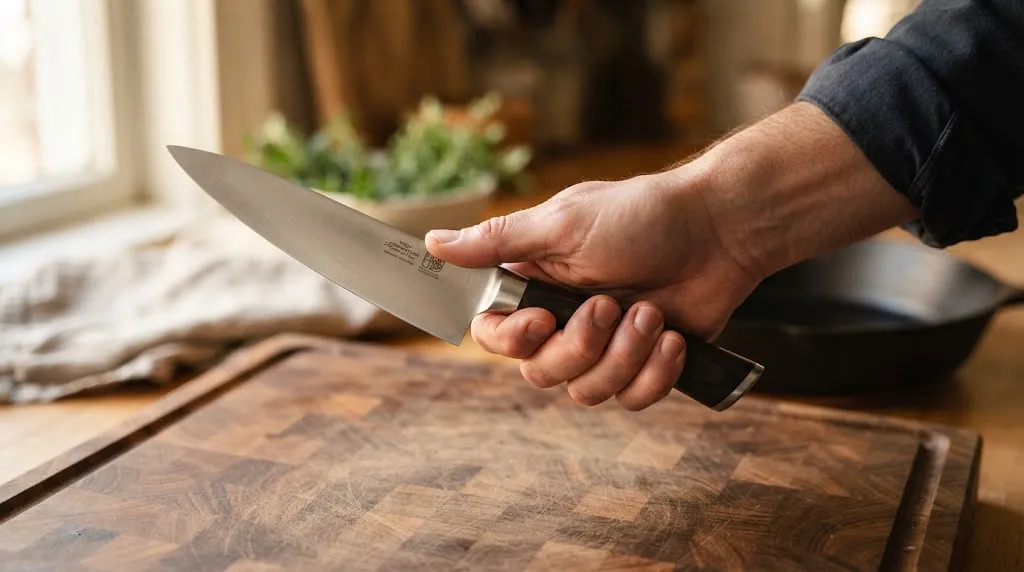 Close-up of a chef knife pinch grip technique on a wooden cutting board.