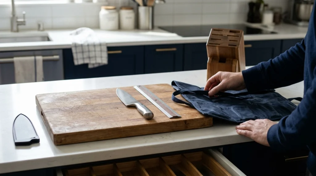 Chef knife, ruler, blade guard, wooden knife block, drawer organizer, and storage roll.