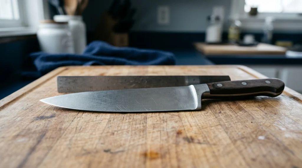 Chef knife on a wooden cutting board showing the blade, heel, tip, bolster, and handle.
