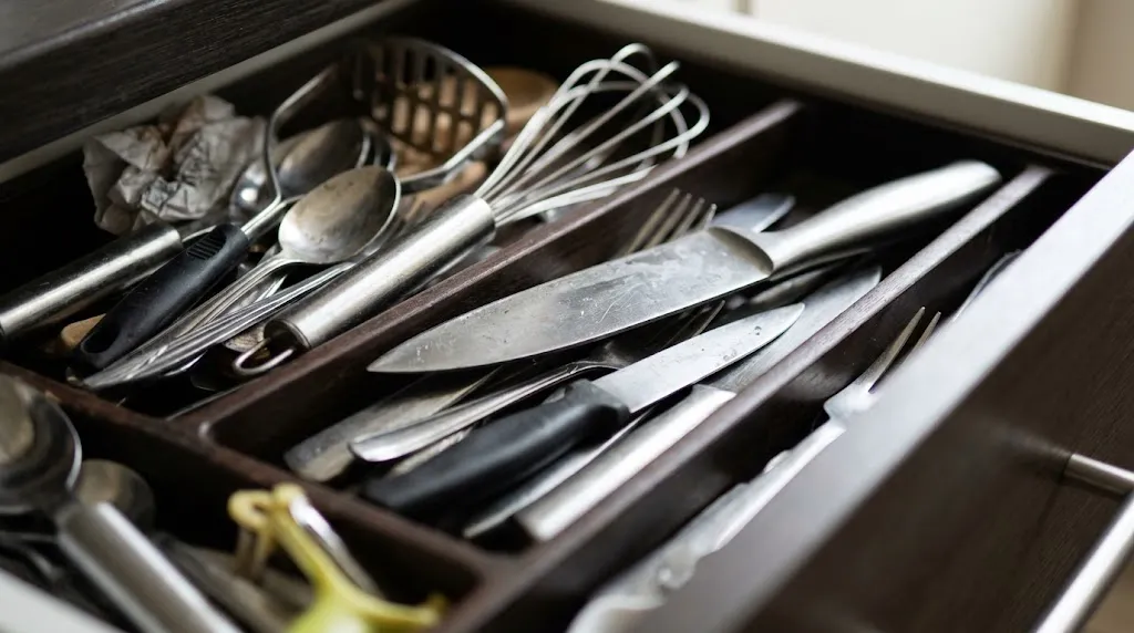 Loose knives and utensils jumbled inside a kitchen drawer causing damage.