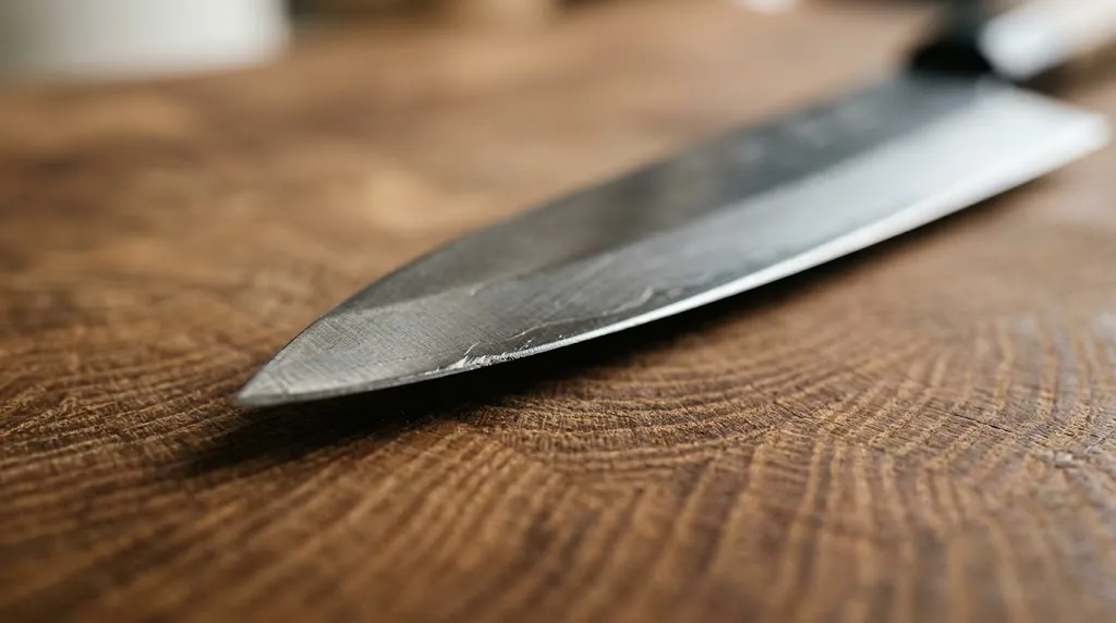 Macro photography of a chef knife cutting edge showing natural wear from ordinary kitchen use.