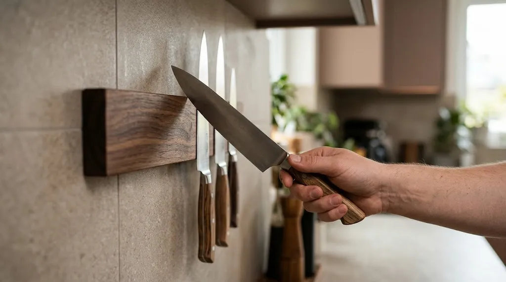 Chef knife safely stored on a magnetic wooden holder to prevent edge damage.
