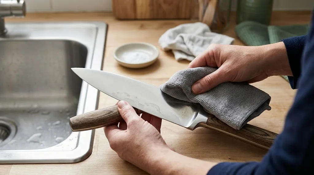 Polished chef knife being gently buffed with a microfiber cloth to remove cloudy hard-water spots.