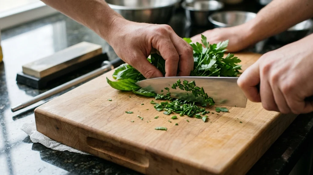 Sharp chef knife slicing green herbs on a stable wooden cutting board without bruising