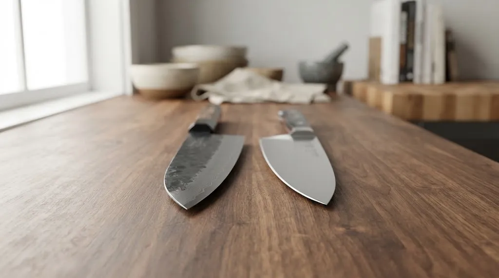 Close-up of knife blade geometry highlighting primary grind versus secondary bevel.