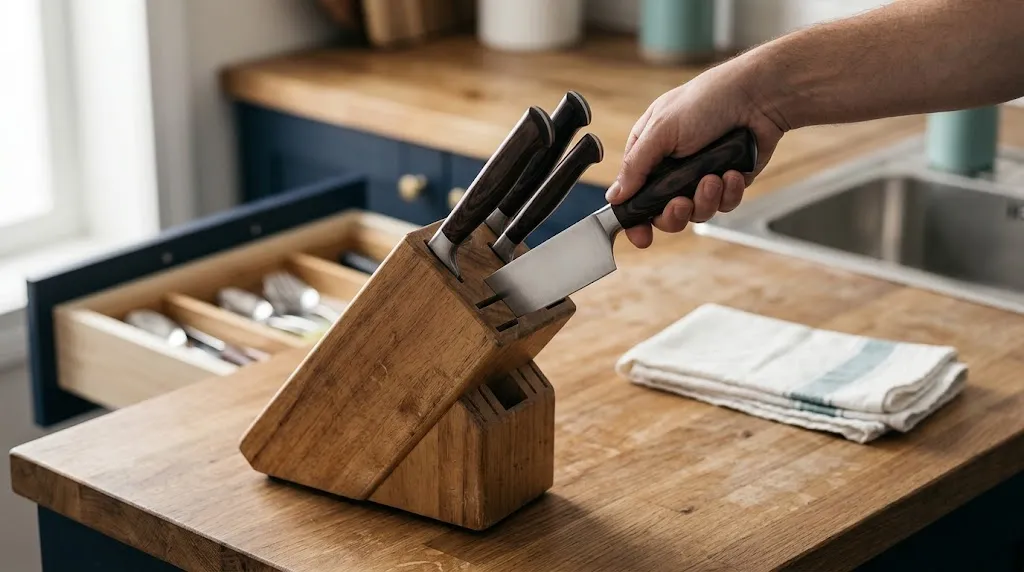 Clean, dry chef knife being stored safely in a wooden knife block on a kitchen counter.