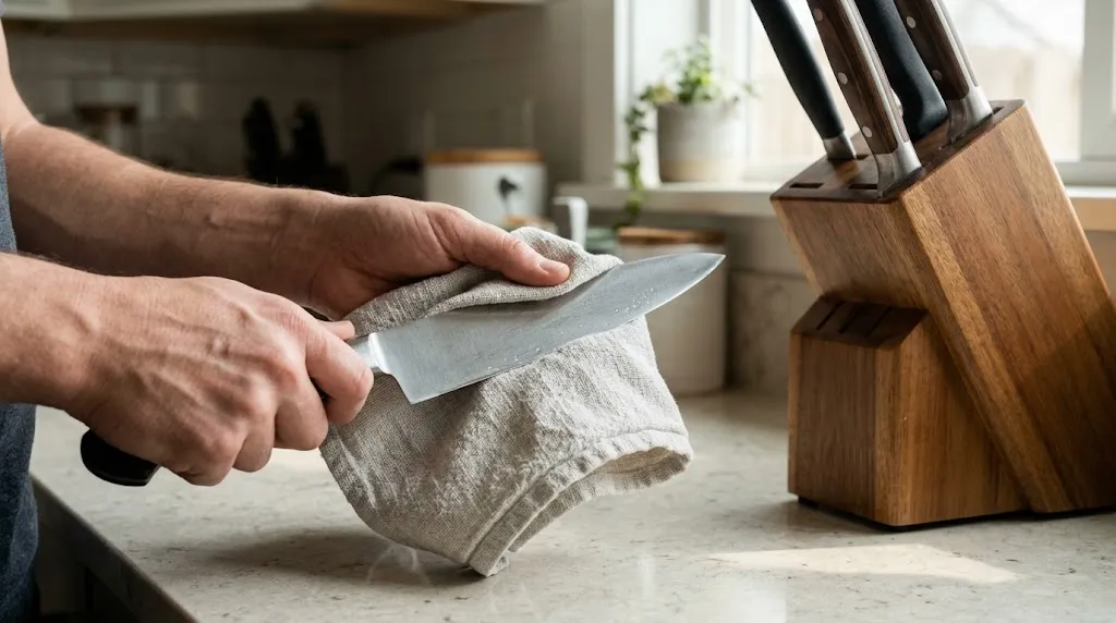 Chef knife being safely cleaned and dried in a kitchen setting to protect the blade.