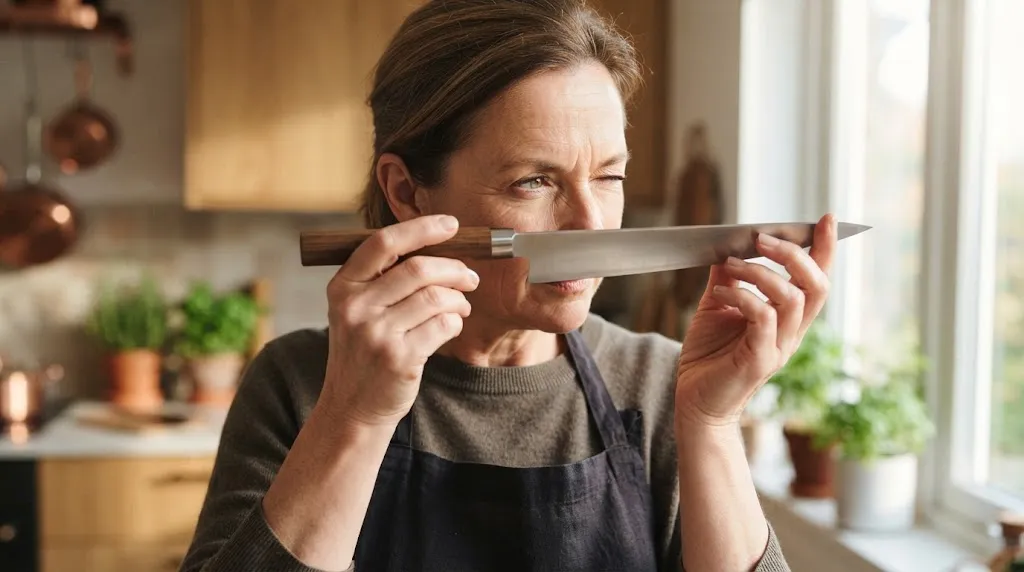 Cook checking knife craftsmanship by looking down the spine at eye level.