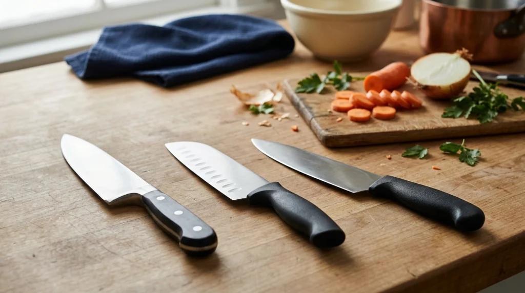 Three kitchen knives representing an 8-inch chef knife, a 7-inch santoku, and a traditional cook's knife.