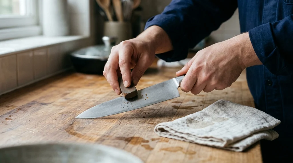 Hands gently removing light rust from a chef knife with a rust eraser.