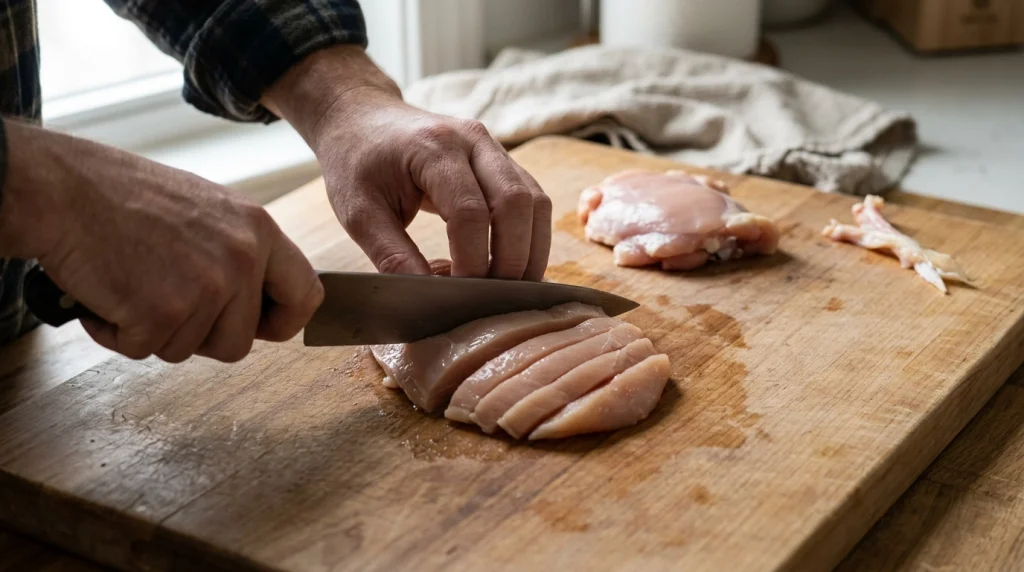 Sharp chef knife slicing boneless chicken breast into even strips on a wooden board