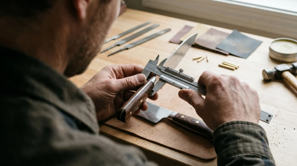Craftsperson inspecting a damaged kitchen knife handle at a workbench.