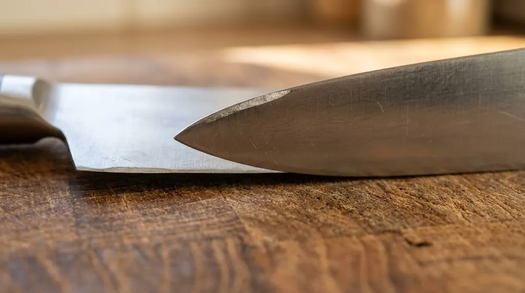 Macro photo of a dull chef knife edge needing sharpening.
