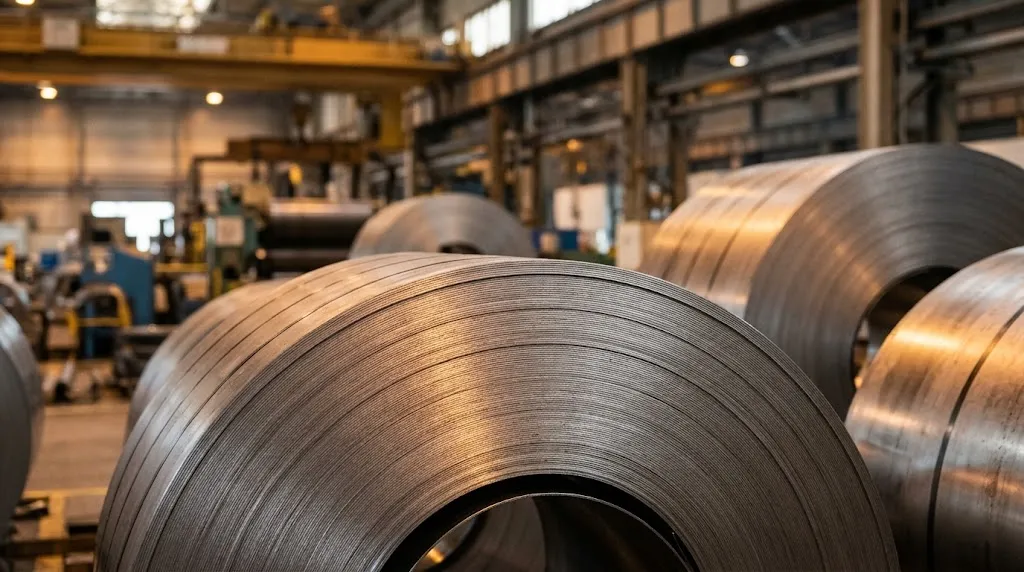 Large industrial coils of stainless steel used for knife production.
