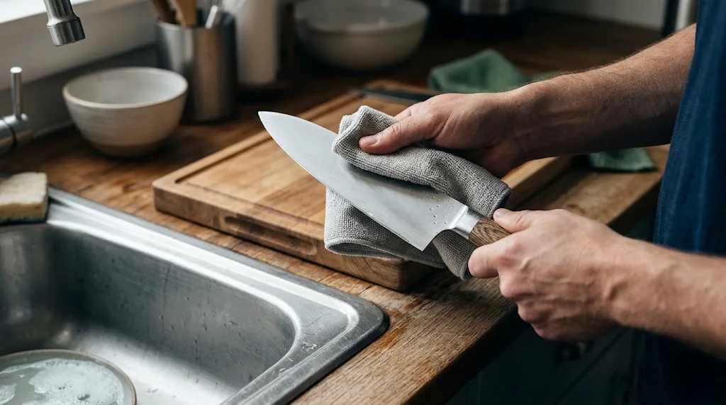 Hands drying a chef knife with a clean towel beside a kitchen sink and wooden knife block.